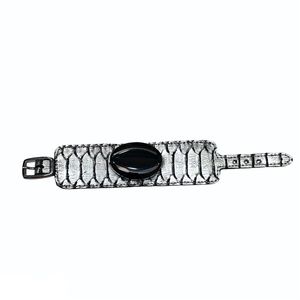 HEATHER HAWKINS SILVER CROCODILE LEATHER BRACELET WITH BLACK STONE
